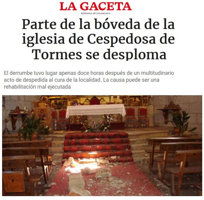 La Gaceta - Parte de la bóveda de la iglesia de Cespedosa de Tormes se desploma